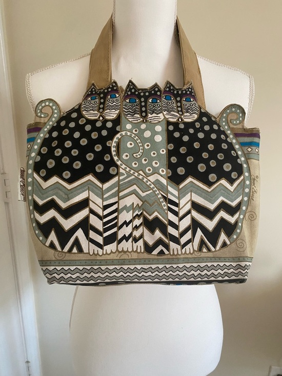 Laurel Burch Handbags - Laurel Burch Black, Beige & Mint Cat Trio Tote